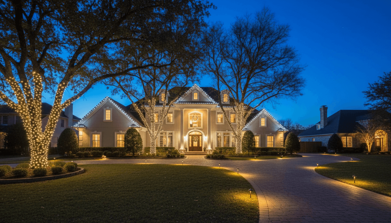 Roofline LEDs set to holiday colors on a house