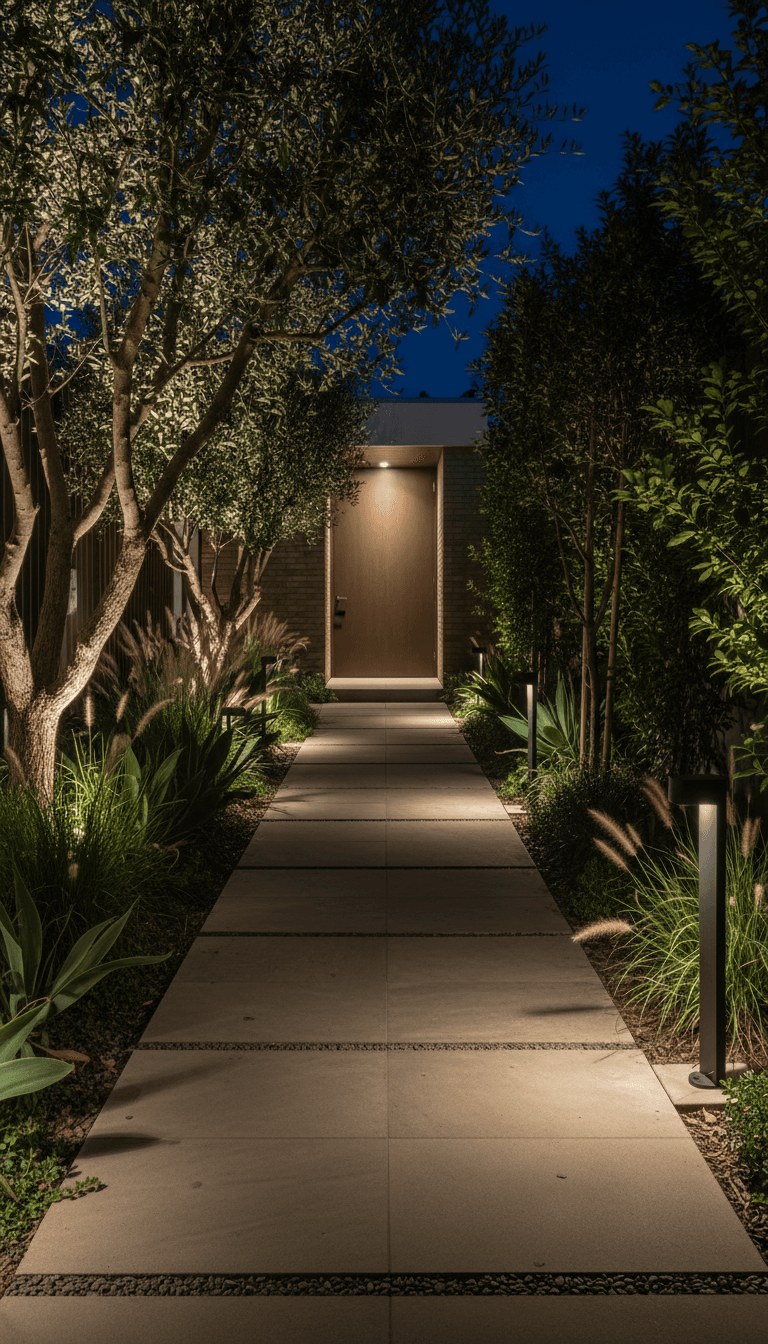 Low-voltage path lights along a garden walkway