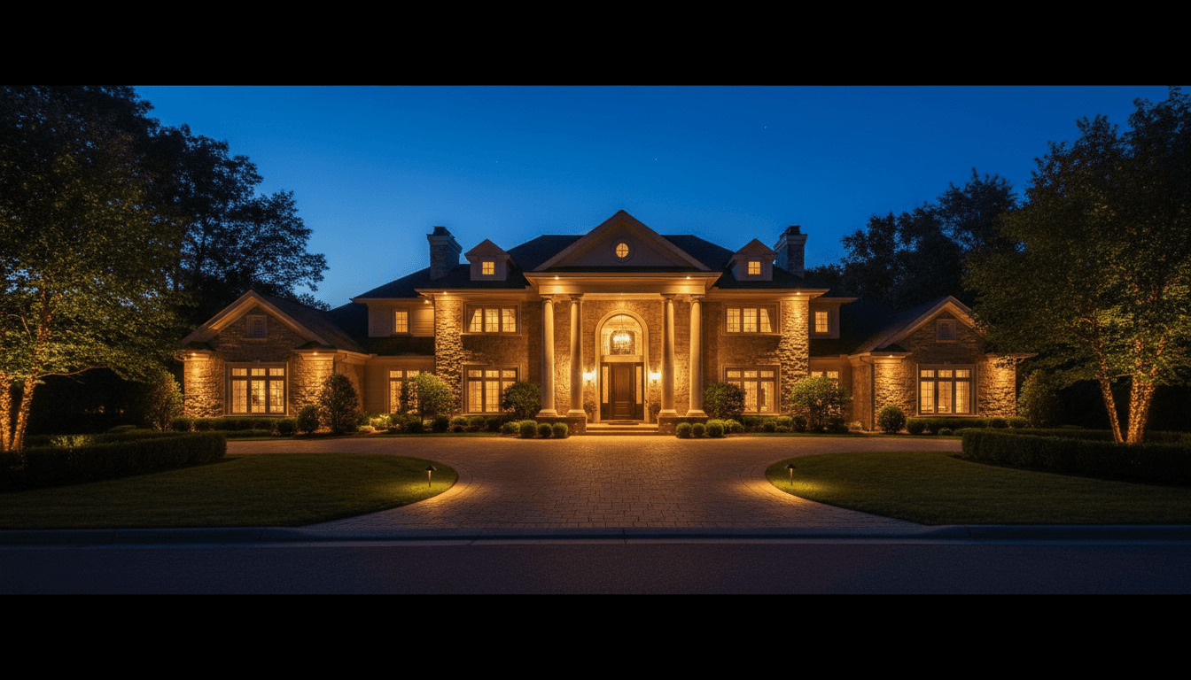 Modern home exterior with permanent roofline LED lighting discreetly installed under soffits at night.