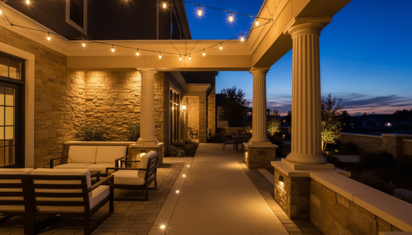 Combined roofline and landscape lighting on a home
