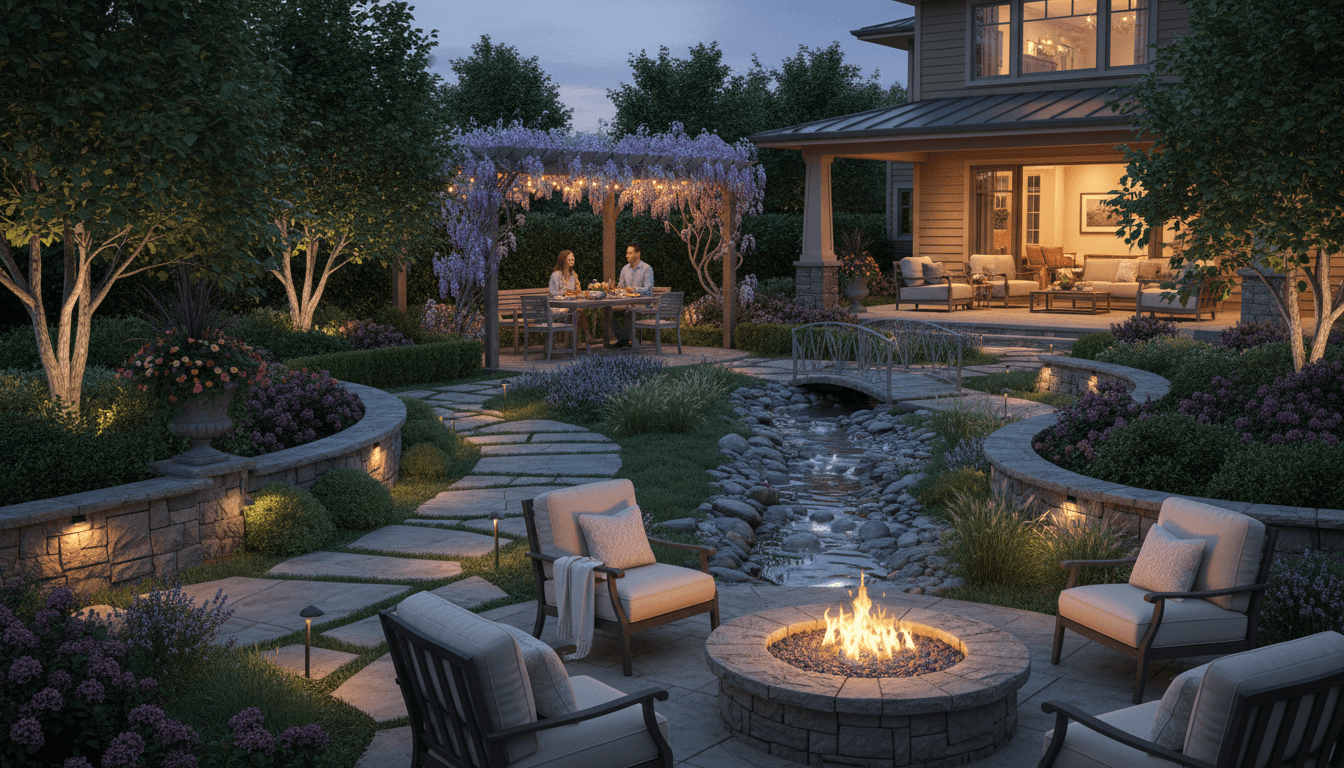 Modern home in Austin with warm landscape lighting at dusk