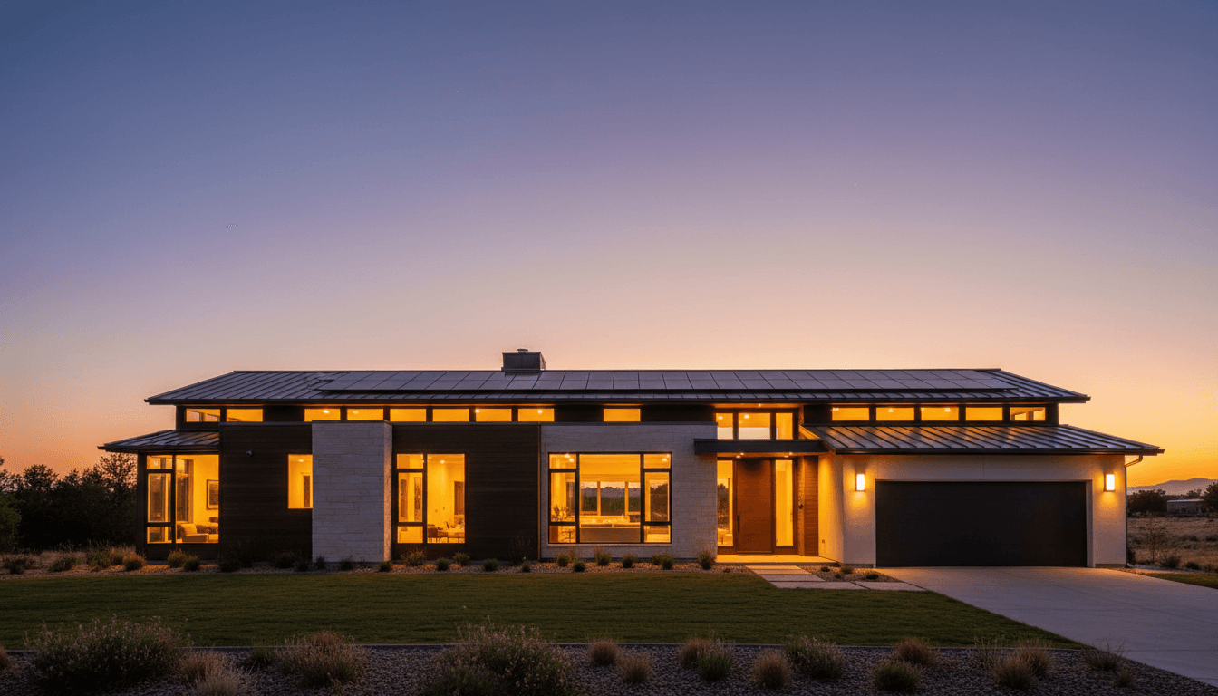 Permanent roofline LEDs on a modern home at dusk