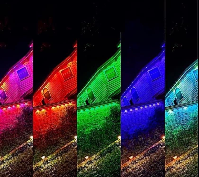 Five vertical panels showing a house illuminated in pink, red, green, blue, and cyan.
