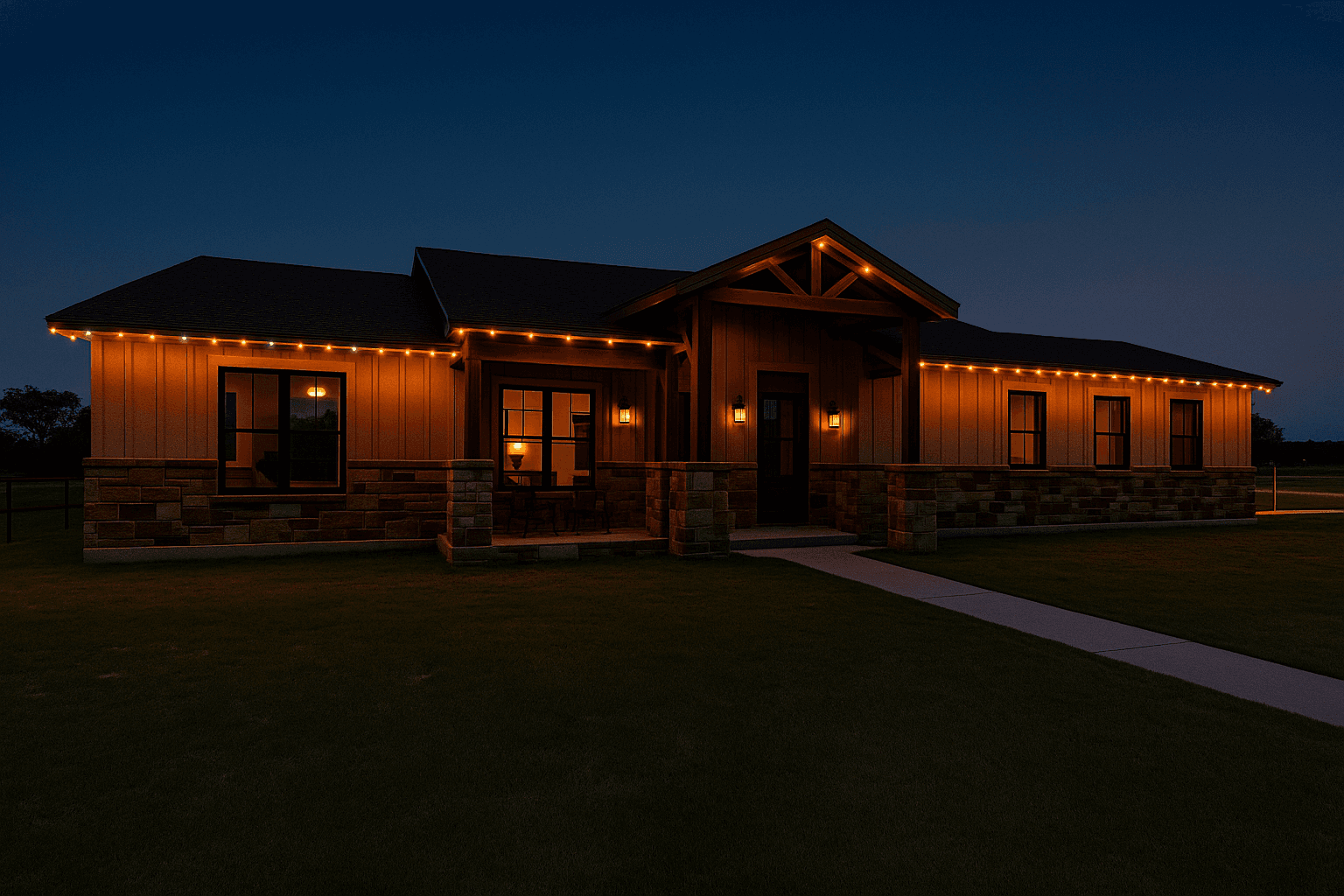 Modern farmhouse at night with warm orange string lights along the roofline and glowing windows.